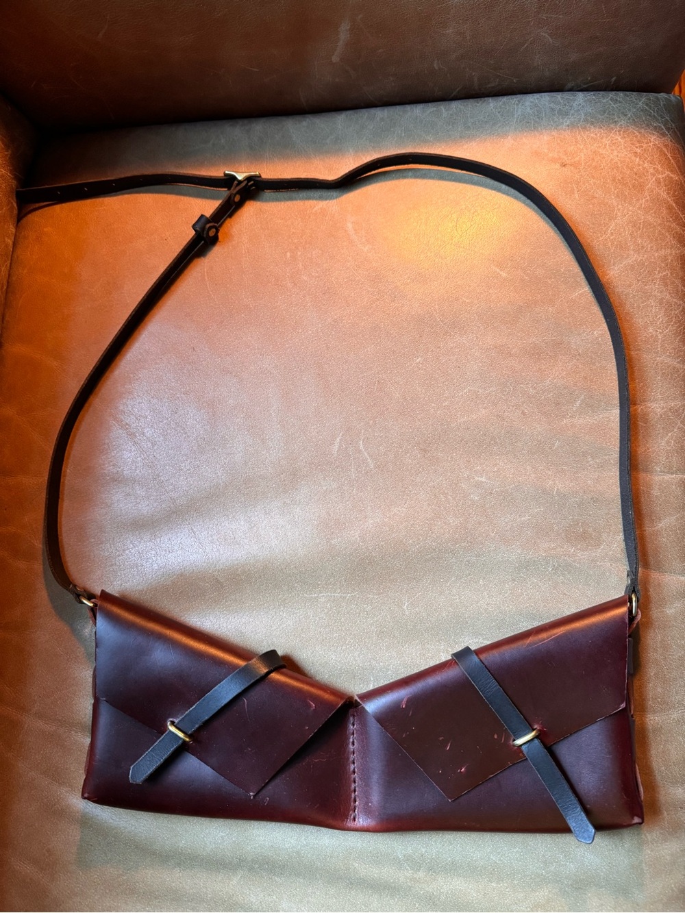Two pocket thick brown leather belt bag crossbody shoulder foldable brass unique